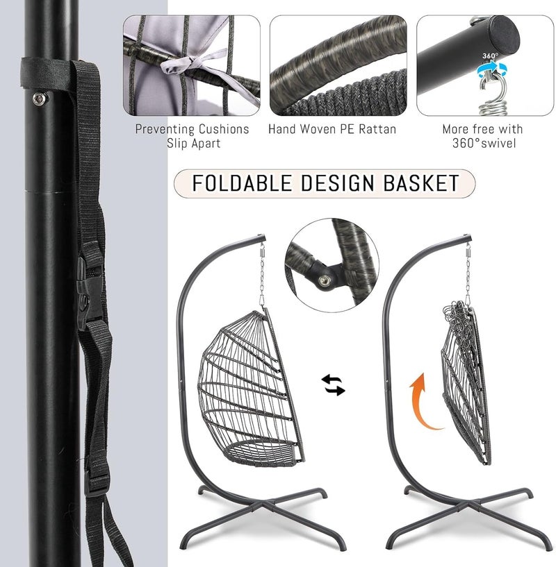 Harmony Home Foldable Rattan Hanging Chair with Stand – Wicker Swing Chair with Cushion & Pillow for Indoor & Outdoor Use – Bedroom, Patio, Garden & Balcony - Image 4