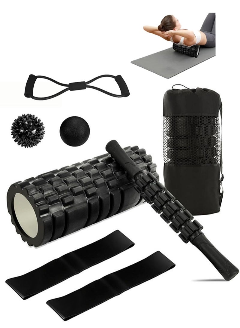Foam roller set, deep muscle massage foam roller set, high-density fitness foam roller, including trigger point foam roller, yoga stick, massage ball, fixed ball, fitness stretching belt, yoga resistance band, portable bag - Image 1