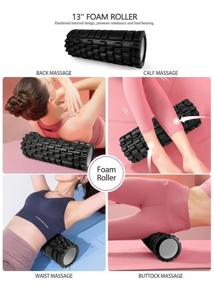 Foam roller set, deep muscle massage foam roller set, high-density fitness foam roller, including trigger point foam roller, yoga stick, massage ball, fixed ball, fitness stretching belt, yoga resistance band, portable bag - Image 3