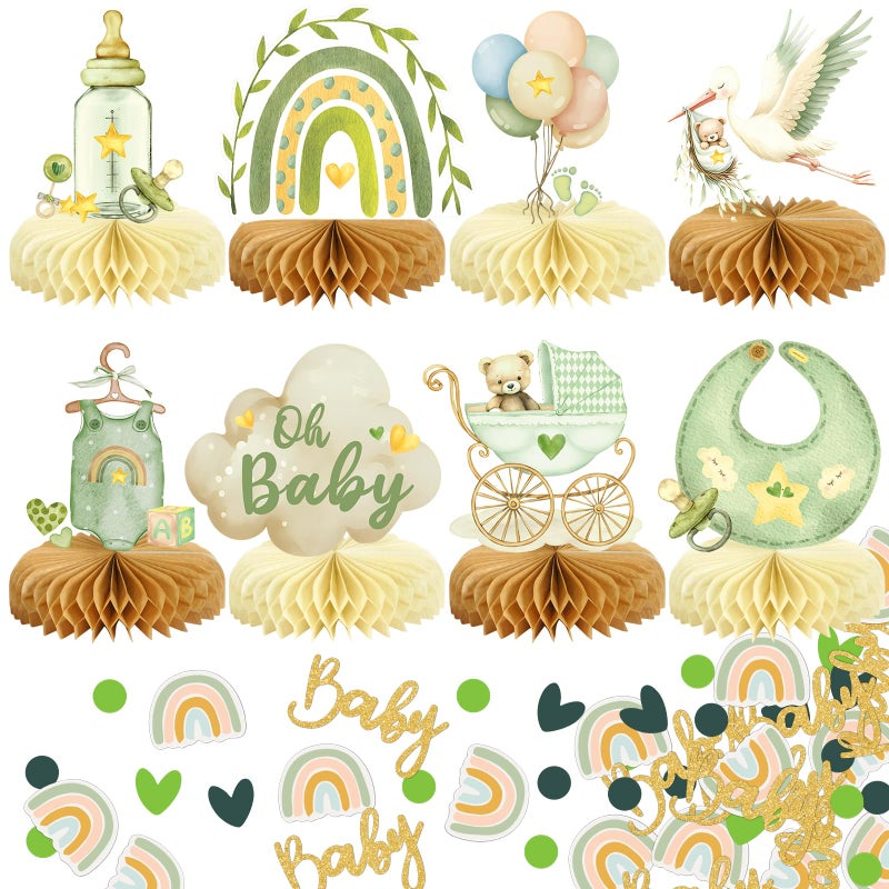 MOORAY 8Pcs Bear Baby Shower Decorations Honeycomb Centerpieces for Boy, Confetti Baby Shower Table Decorations Birthday Party Table Centerpieces Toppers Party Decor (Green) - Image 1
