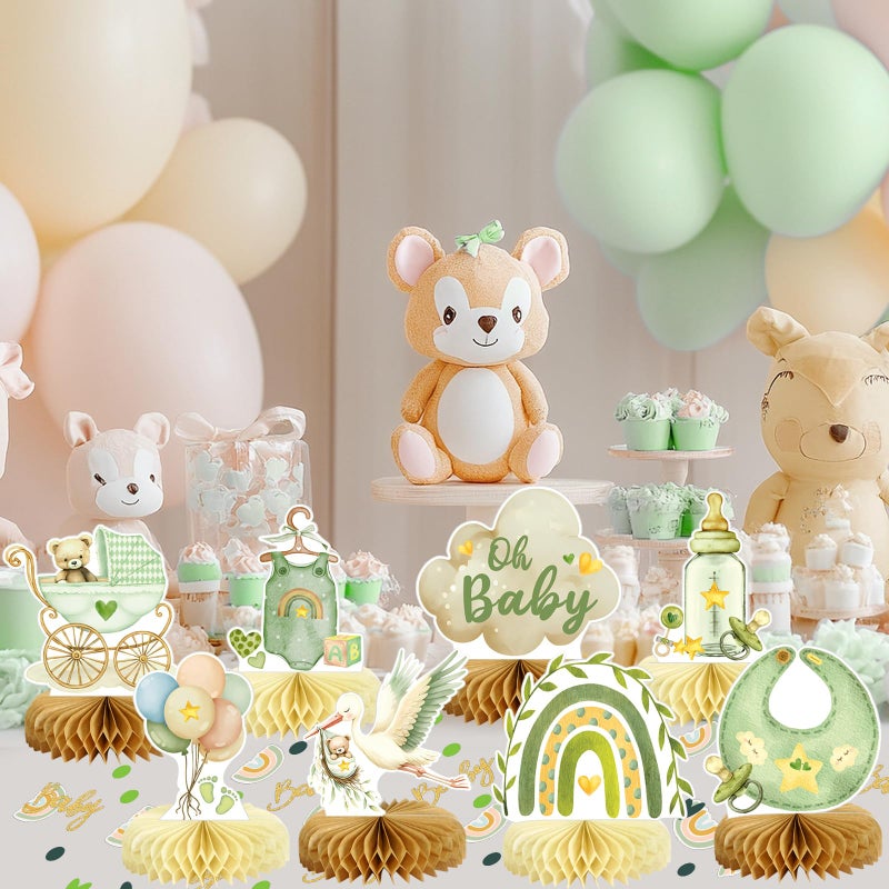 MOORAY 8Pcs Bear Baby Shower Decorations Honeycomb Centerpieces for Boy, Confetti Baby Shower Table Decorations Birthday Party Table Centerpieces Toppers Party Decor (Green) - Image 5