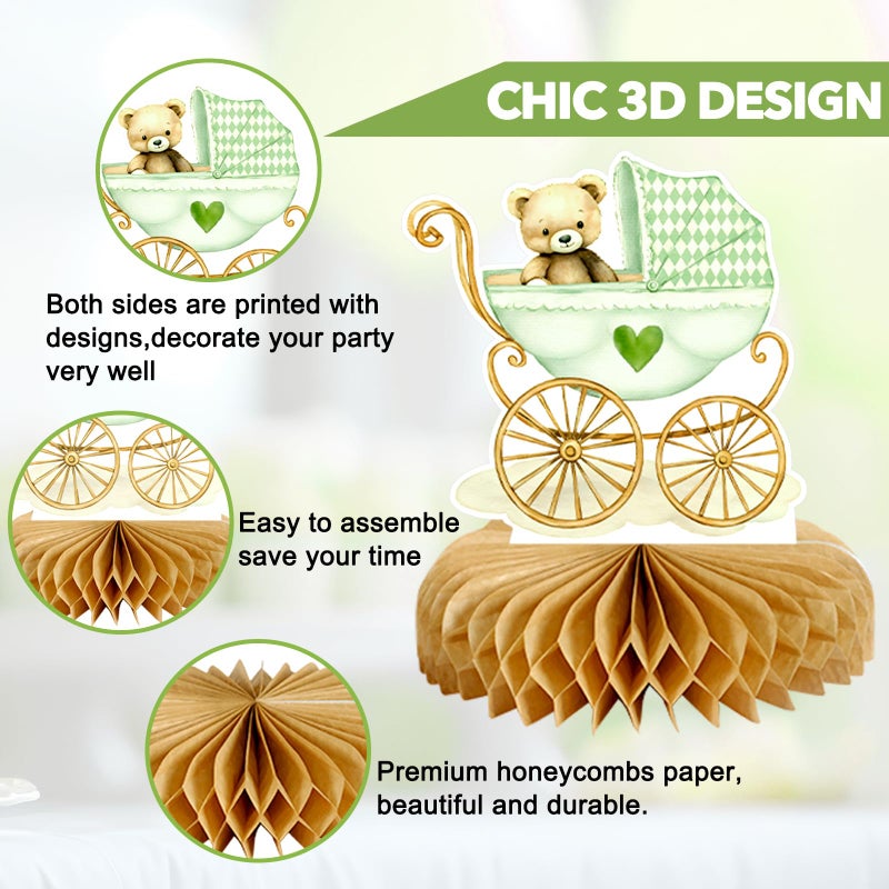 MOORAY 8Pcs Bear Baby Shower Decorations Honeycomb Centerpieces for Boy, Confetti Baby Shower Table Decorations Birthday Party Table Centerpieces Toppers Party Decor (Green) - Image 3