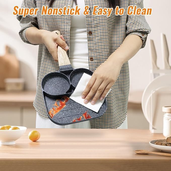 Gladnes 3 Section 3 in 1 Egg Frying Pan Non Stick Omelette Pancake Uttapam Multi Cavity Skillet | Maifan Stone Nonstick Breakfast Pan with Wooden Handle | Gas Stove Induction Compatible Durable Pan - Image 2