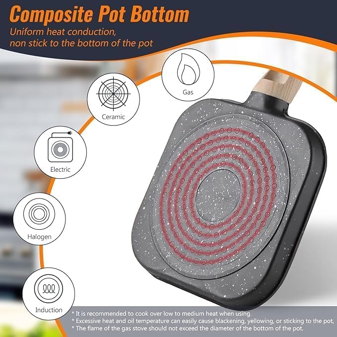 Gladnes 3 Section 3 in 1 Egg Frying Pan Non Stick Omelette Pancake Uttapam Multi Cavity Skillet | Maifan Stone Nonstick Breakfast Pan with Wooden Handle | Gas Stove Induction Compatible Durable Pan - Image 5