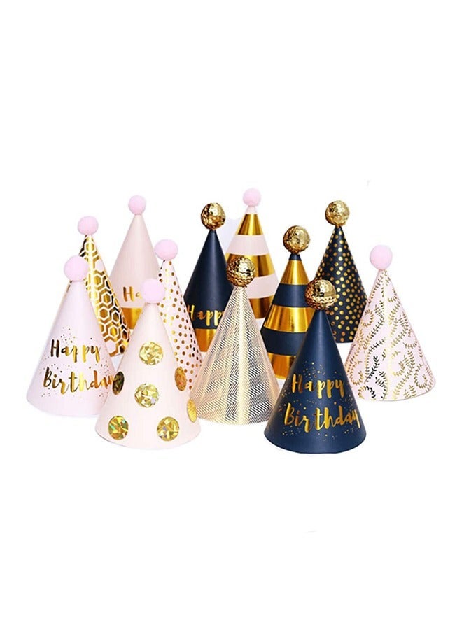 12 PCS Premium Happy Birthday Party Cone Hats Set, Luxury Pink Navy Gold Pom Pom Birthday Cone Caps with Gold Foil Print, Elegant Polka Dot Stripe Honeycomb Pattern Party Decorative Hats for Kids Adults Birthday Celebration, Birthday Photo Booth Props, Reusable Paper Party Headwear for Home Party, Birthday Theme Decorations - Image 2