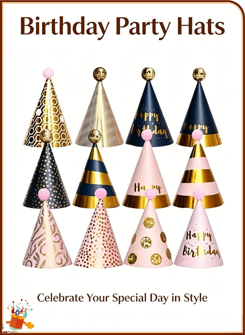 12 PCS Premium Happy Birthday Party Cone Hats Set, Luxury Pink Navy Gold Pom Pom Birthday Cone Caps with Gold Foil Print, Elegant Polka Dot Stripe Honeycomb Pattern Party Decorative Hats for Kids Adults Birthday Celebration, Birthday Photo Booth Props, Reusable Paper Party Headwear for Home Party, Birthday Theme Decorations - Image 1