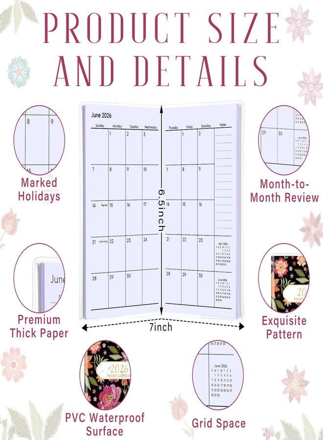 ReliThick 2026 Pocket Calendar for Purse Small Monthly Planner for Women Handy Weekly Pocket Planner Journal Notebook Christmas New Year Gift Sister Friends Women(2026,Embroidery Floral) - Image 2