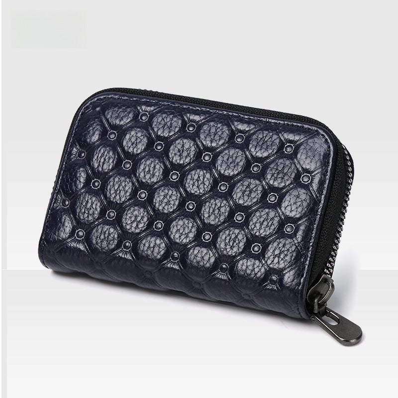 Genuine Leather Card Holder Unisex Slim RFID Blocking Wallet Plaid sapphire blue