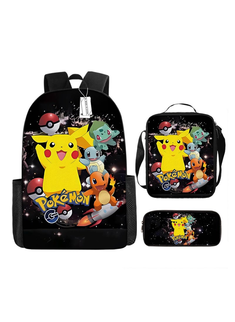 Pokemon Cartoon Backpack Three-piece Student School Bag 