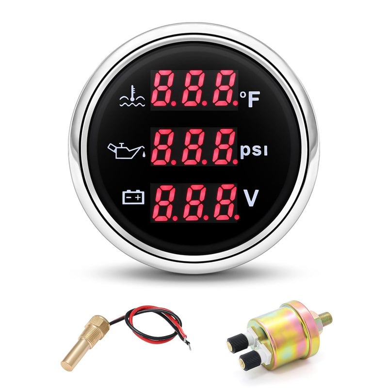 ARTILAURA Triple Gauge Set 3in1 (Oil Pressure, Water Temperature, Voltmeter) 2" 52mm AUTO Boat Gauge Kit with Sensor for Marine (Black and Silver) - Image 1