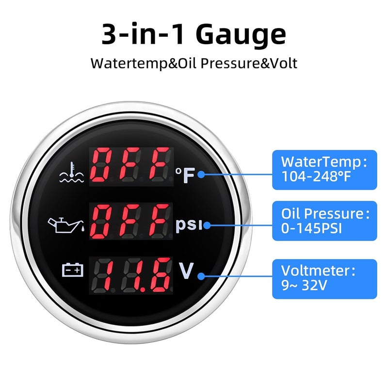 ARTILAURA Triple Gauge Set 3in1 (Oil Pressure, Water Temperature, Voltmeter) 2" 52mm AUTO Boat Gauge Kit with Sensor for Marine (Black and Silver) - Image 2