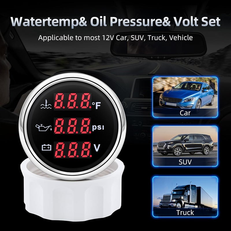 ARTILAURA Triple Gauge Set 3in1 (Oil Pressure, Water Temperature, Voltmeter) 2" 52mm AUTO Boat Gauge Kit with Sensor for Marine (Black and Silver) - Image 4