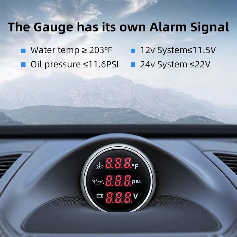 ARTILAURA Triple Gauge Set 3in1 (Oil Pressure, Water Temperature, Voltmeter) 2" 52mm AUTO Boat Gauge Kit with Sensor for Marine (Black and Silver) - Image 5