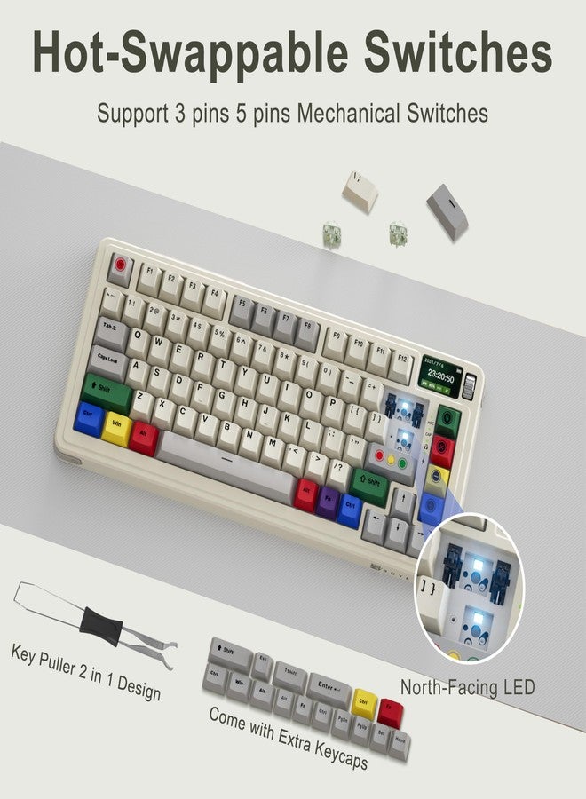 Boyi لوحة مفاتيح ميكانيكية لاسلكية ريترو BOYI، مثبتة بإطار مع شاشة، بلوتوث/2.4GHz/USB-C/USB-A، قابلة للتبديل الساخن مخصصة، إضاءة خلفية RGB، تصميم مدمج بنسبة 75% للألعاب/الكتابة/ويندوز/ماك/كمبيوتر شخصي (بيج، مفتاح خطي) - Image 5