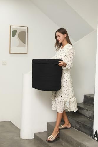 Cottonphant 22"x14"x18" Rectangular Extra Large Storage Basket With Lid, Large Cotton Rope Storage Basket, Woven Laundry Hamper, Cloth Storage Bin, for Clothes Towels Blankets in Living Room, All Black - Image 3