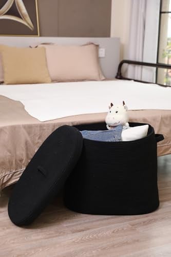 Cottonphant 22"x14"x18" Rectangular Extra Large Storage Basket With Lid, Large Cotton Rope Storage Basket, Woven Laundry Hamper, Cloth Storage Bin, for Clothes Towels Blankets in Living Room, All Black - Image 2