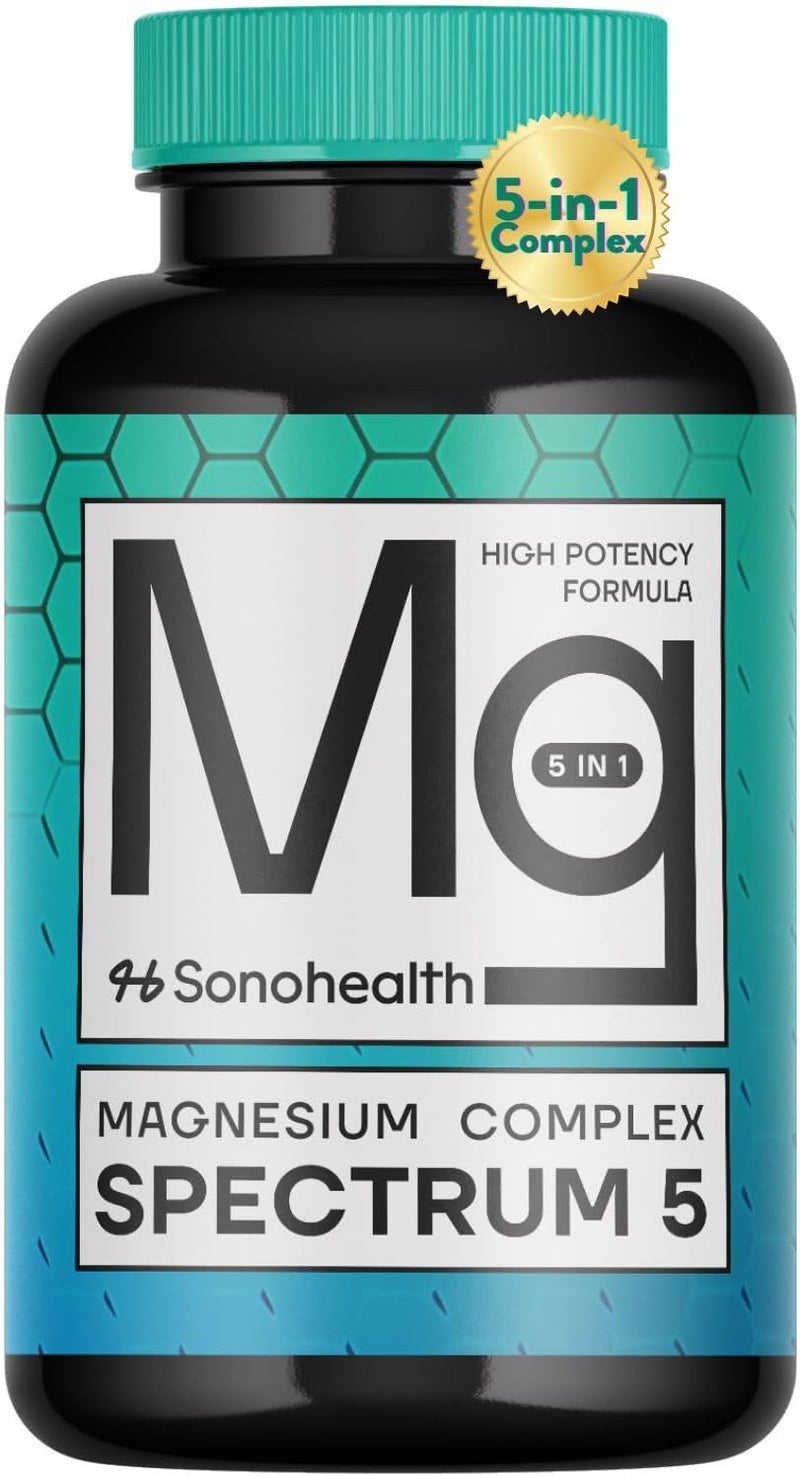 SonoHealth 5in1 Magnesium Complex Spectrum 5  500mg of Magnesium Glycinate Malate Citrate Oxide  Hydroxide for Muscles Nerves  Energy  High Absorption  Vegan NonGMO  60 Capsules - Image 1