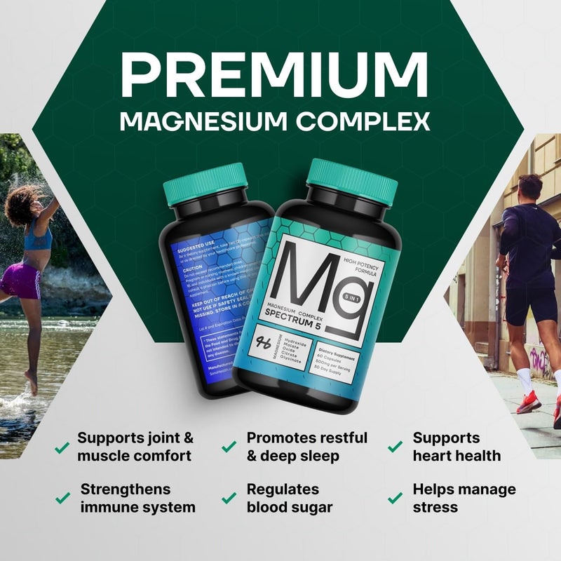 SonoHealth 5in1 Magnesium Complex Spectrum 5  500mg of Magnesium Glycinate Malate Citrate Oxide  Hydroxide for Muscles Nerves  Energy  High Absorption  Vegan NonGMO  60 Capsules - Image 5
