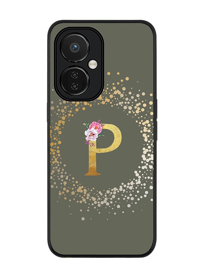 Stylizedd Rugged Black edge case for Nord CE 3 Lite Slim fit Soft Case Flexible Rubber Edges Anti Drop TPU Gel Thin Cover - Custom Monogram Initial Letter Floral Pattern Alphabet - P - Olive Green - Image 1