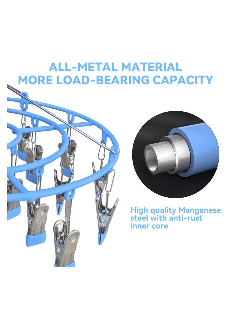 منشر الملابس، حامل غسيل مصنوع من الفولاذ المقاوم للصدأ SYOSI مع 24 مشبك، خطاف دوار ثقيل مقاوم للرياح لتعليق الملابس الداخلية لتجفيف المناشف، الحمالات، الجوارب، الملابس الداخلية، وأزياء الأطفال (أزرق) - Image 5