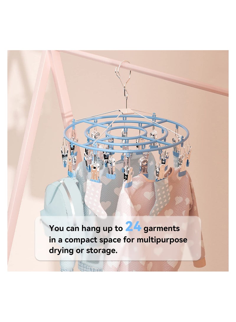 منشر الملابس، حامل غسيل مصنوع من الفولاذ المقاوم للصدأ SYOSI مع 24 مشبك، خطاف دوار ثقيل مقاوم للرياح لتعليق الملابس الداخلية لتجفيف المناشف، الحمالات، الجوارب، الملابس الداخلية، وأزياء الأطفال (أزرق) - Image 2