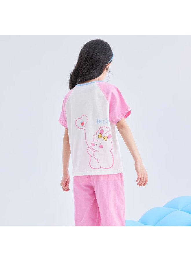 Deesha Girls' Spring And Summer Short-sleeve Capri Pants Pajama Set, Baby Two-piece Sleepwear, Rose Pink - Image 1