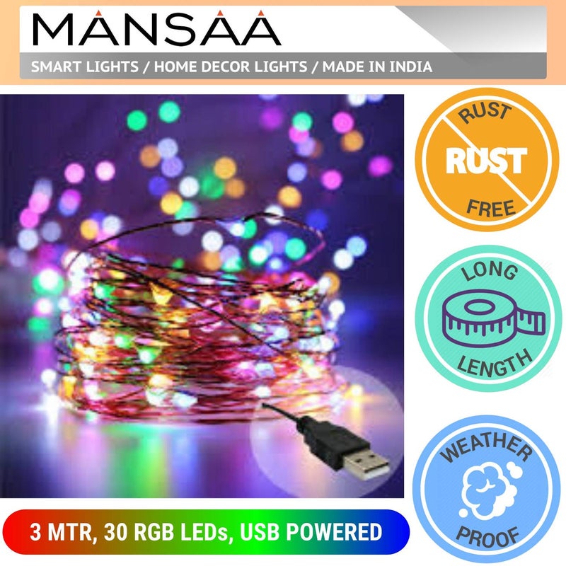 MANSAA MANSAA Fairy Lights 18 Months Warranty 3 Meter 30 LEDs Lights for Home Decoration Led Lights String Lights for Home Decoration String Light USB Operated M51 Multicolor Pack of 2 - Image 2