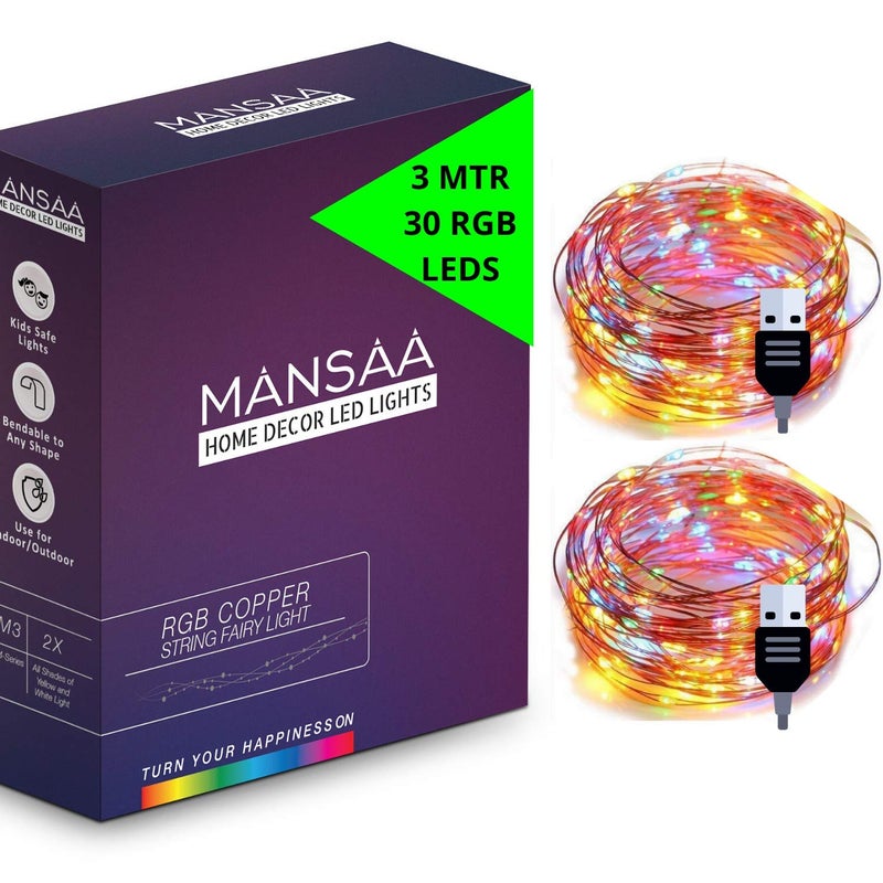MANSAA MANSAA Fairy Lights 18 Months Warranty 3 Meter 30 LEDs Lights for Home Decoration Led Lights String Lights for Home Decoration String Light USB Operated M51 Multicolor Pack of 2 - Image 1