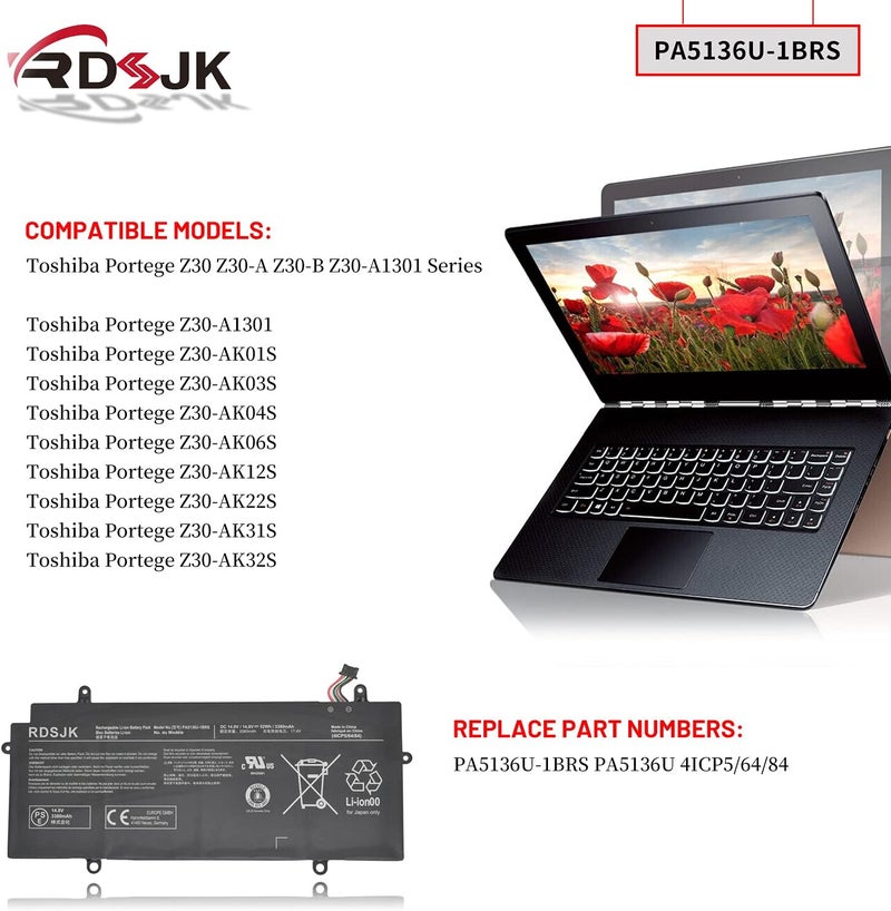 PA5136U-1BRS PA5136U Laptop Battery for Toshiba Portege Z30 Z30-A Z30-A-12U Z30-B Z30-A1301 Z30-AK01S Z30-AK03S Z30-AK04S Z30-AK06S Z30-AK12S Z30-AK22S Z30-AK31S Z30-AK32S Series 14.8V 52Wh/3380mAh - Image 3
