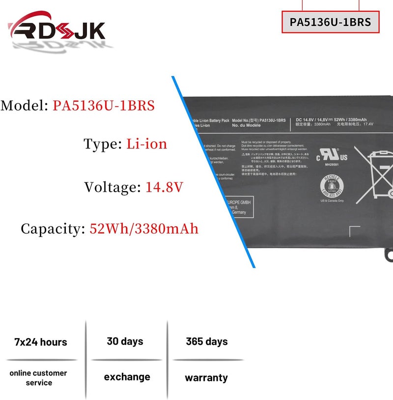 PA5136U-1BRS PA5136U Laptop Battery for Toshiba Portege Z30 Z30-A Z30-A-12U Z30-B Z30-A1301 Z30-AK01S Z30-AK03S Z30-AK04S Z30-AK06S Z30-AK12S Z30-AK22S Z30-AK31S Z30-AK32S Series 14.8V 52Wh/3380mAh - Image 2