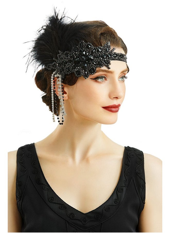 BABEYOND Women'S 1920S Headband Flapper Feather Headpiece With Chain Roaring 20S Great Gatsby Themed Party Hair Accessory (Black)  - Image 1
