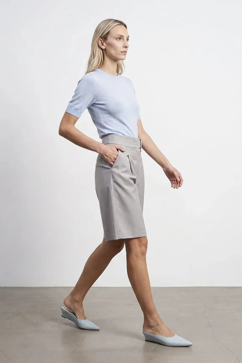 Dilvin Light Grey DILVIN High-Waist Wide-Leg Tailored Shorts With Belt for Women | Best Price UAE
