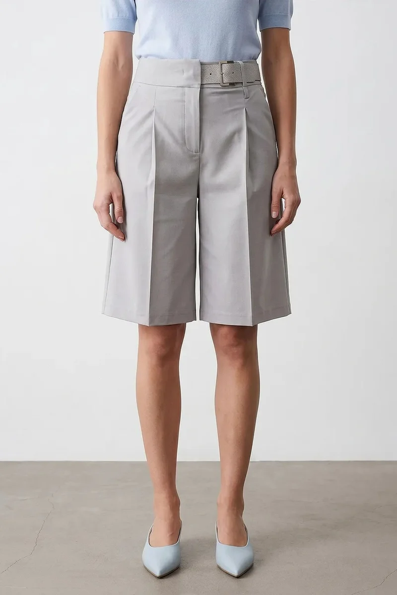 Dilvin Light Grey DILVIN High-Waist Wide-Leg Tailored Shorts With Belt for Women | Best Price UAE