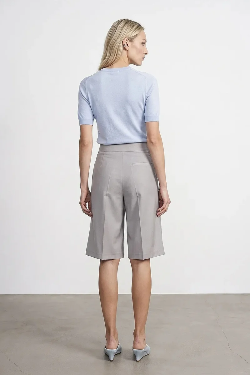 Dilvin Light Grey DILVIN High-Waist Wide-Leg Tailored Shorts With Belt for Women | Best Price UAE