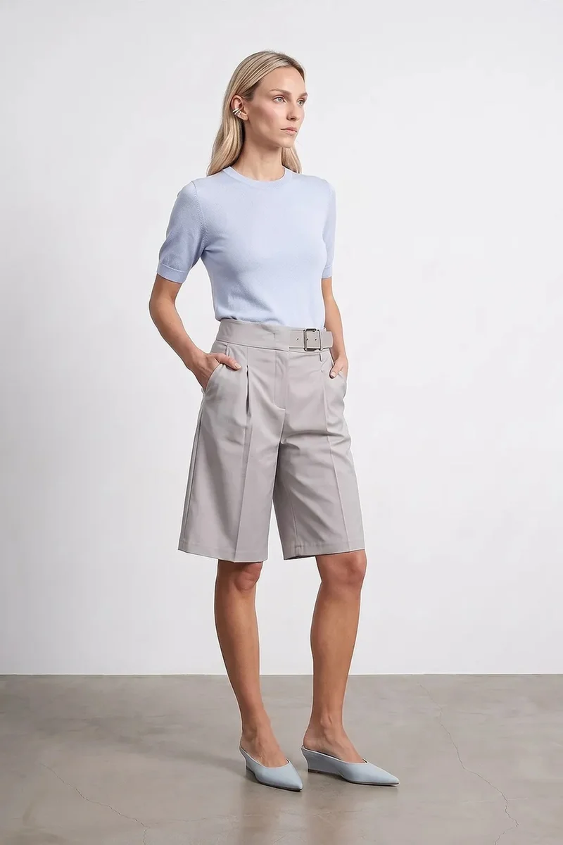 Dilvin Light Grey DILVIN High-Waist Wide-Leg Tailored Shorts With Belt for Women | Best Price UAE