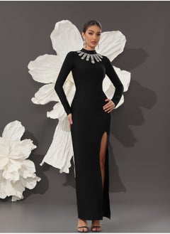 Meilun Women's Black Long Sleeved Diamond Bead Evening Dress  - Image 1