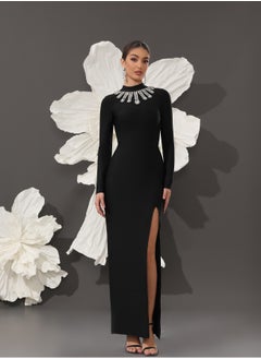 Meilun Women's Black Long Sleeved Diamond Bead Evening Dress  - Image 3