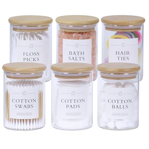 INIUNIK 6 Pack Qtip Holder Dispenser - Glass Apothecary Jars with Lids, Cotton Ball Pad Swab Round Holder, Bamboo Bathroom Accessories, Bathroom Organizers Containers Jars Canisters with Lids - Image 1