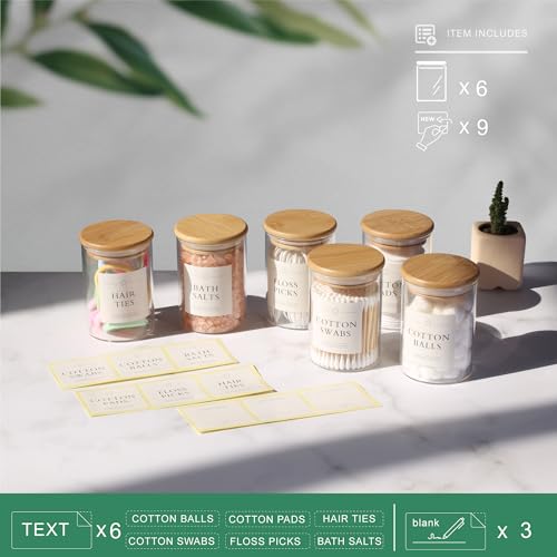 INIUNIK 6 Pack Qtip Holder Dispenser - Glass Apothecary Jars with Lids, Cotton Ball Pad Swab Round Holder, Bamboo Bathroom Accessories, Bathroom Organizers Containers Jars Canisters with Lids - Image 2