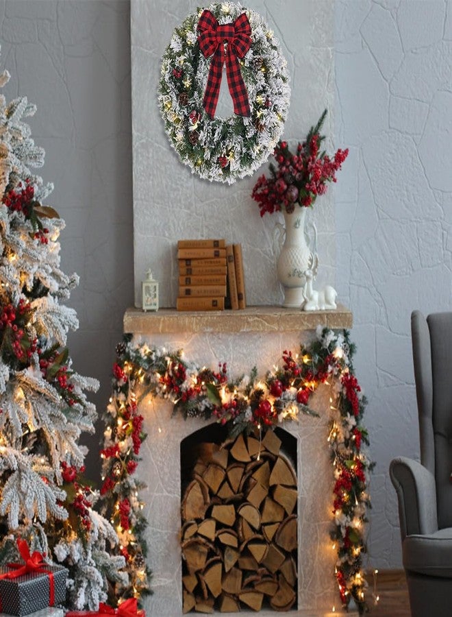 DECSPAS Christmas Wreaths for Front Door, DECSPAS 24 Inch 2 FT Prelit Snowy Flocked Christmas Wreath with Timer 30 LED Lights Bow Red Berries Pine Cone, Xmas Wall Windows Decorations Home Decor Outdoor Indoor - Image 3