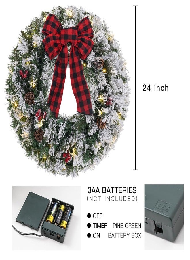 DECSPAS Christmas Wreaths for Front Door, DECSPAS 24 Inch 2 FT Prelit Snowy Flocked Christmas Wreath with Timer 30 LED Lights Bow Red Berries Pine Cone, Xmas Wall Windows Decorations Home Decor Outdoor Indoor - Image 4