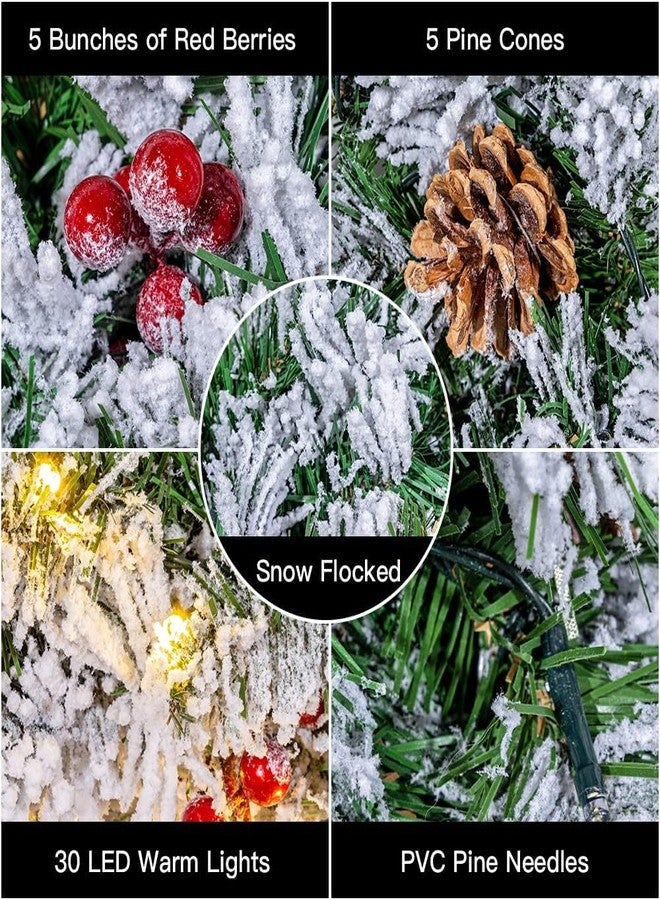 DECSPAS Christmas Wreaths for Front Door, DECSPAS 24 Inch 2 FT Prelit Snowy Flocked Christmas Wreath with Timer 30 LED Lights Bow Red Berries Pine Cone, Xmas Wall Windows Decorations Home Decor Outdoor Indoor - Image 5
