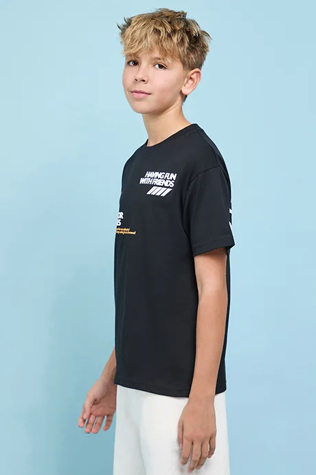 أر أند بي Typography Print T-Shirt with Crew Neck and Short Sleeves