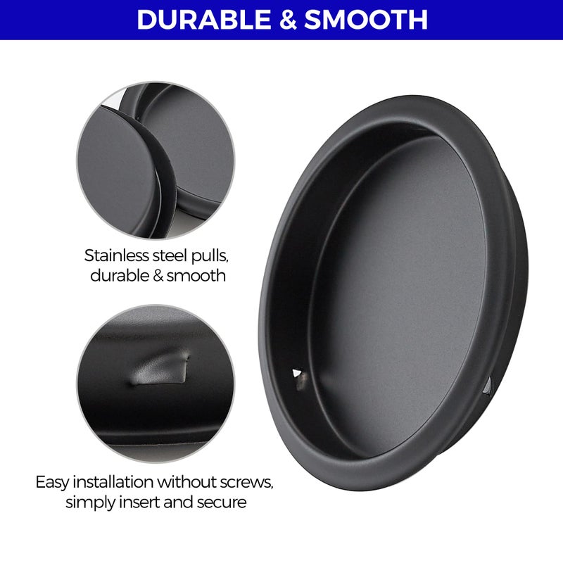 JOY DECOR 2 Pack Round Pocket Door Pulls Closet Door Pulls, 2-1/8" Black Closet Finger Pulls, Easy Snap in Installation, No Nails Needed - Image 4