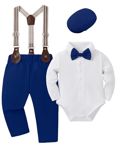 YUEMION Baby Boy Clothes Wedding Outfit Infant Tuxedo Gentleman Suits Dress Shirt Beret Hat Suspender Pants Bowtie Sapphire Blue 36 Months - Image 1