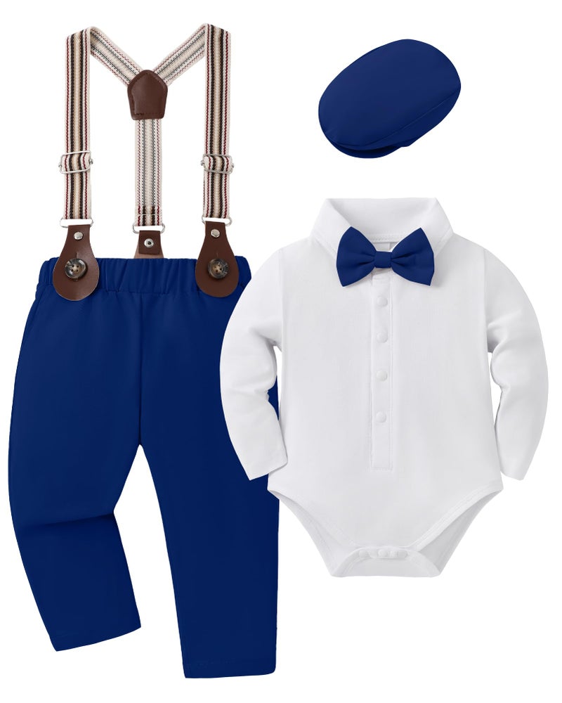 YUEMION Baby Boy Clothes Wedding Outfit Infant Tuxedo Gentleman Suits Dress Shirt Beret Hat Suspender Pants Bowtie Sapphire Blue 36 Months - Image 2