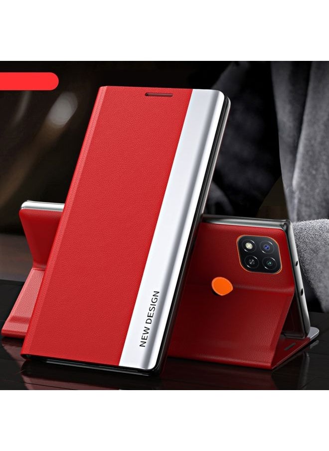HuHa Case Cover For Xiaomi Redmi 9C Side Electroplated Magnetic Ultra-Thin Horizontal Flip Leather Case with Holder Red 