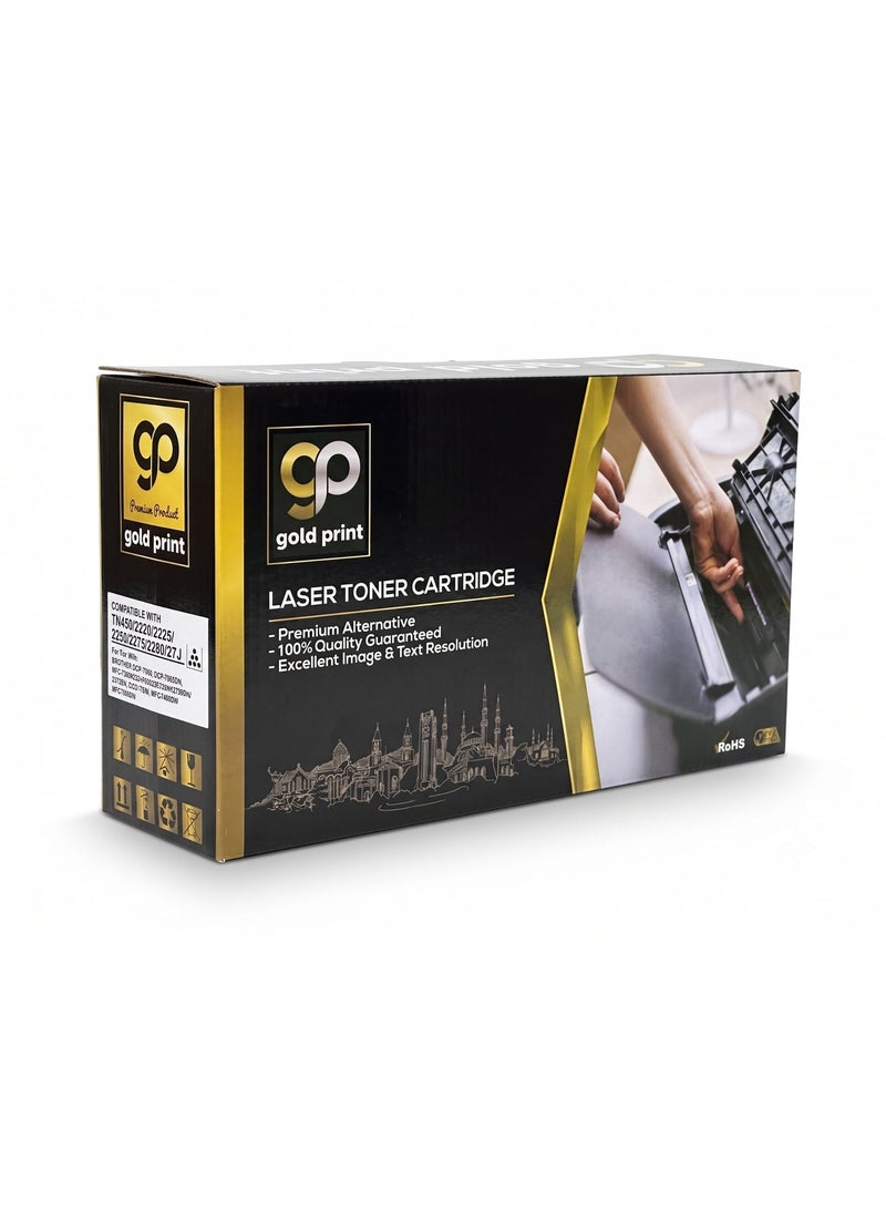 طباعة الذهب Gold Print Premium Toner Cartridge TN450, 2220, 2225, 2250, 2275, 2280, 27J,Black, Compatible For BROTHER DCP7060D, DCP7065DN, HL2220, 2230, 2240, 2240D, 2250, 2250DN, 2270DW, MFC7360N, MFC7460DN, MFC7860DW, Toner: Refined toner is infinitely close to original toner to achieve high color printing. 2600 Pages - Image 1