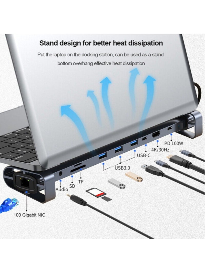 10 in 1 Hub Docking Station USB C Multi Port Adapter 4K HDMI PD 100W USB 3.0 Gigabit Ethernet RJ45 Docking Station Laptop Stand  - Image 2