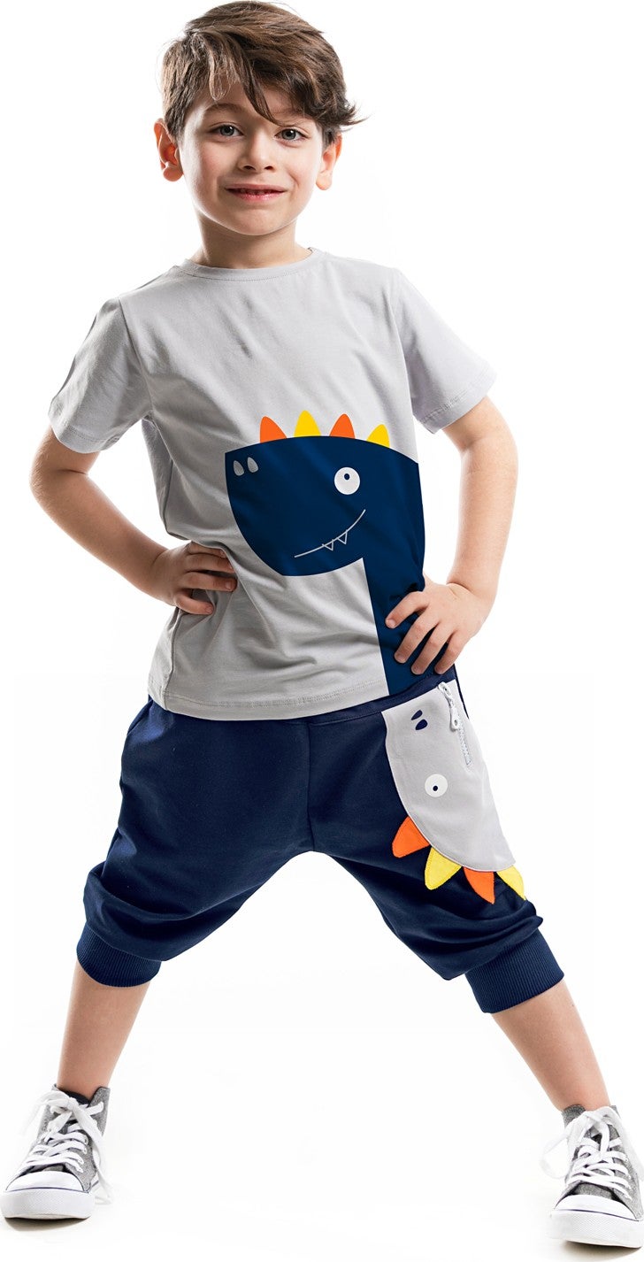 Denokids Zipper Dino Boy T-shirt Capri Shorts Set  - Image 1